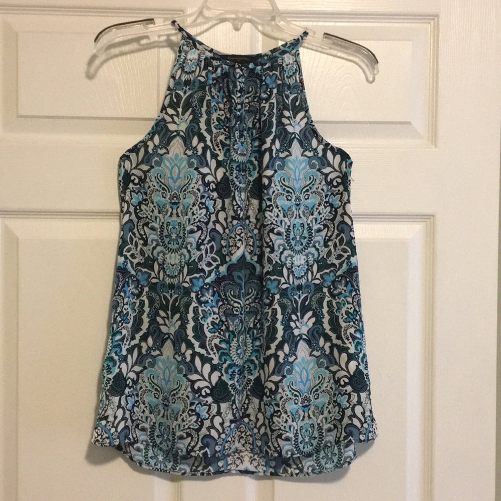 Patterned faux halter sheer tank